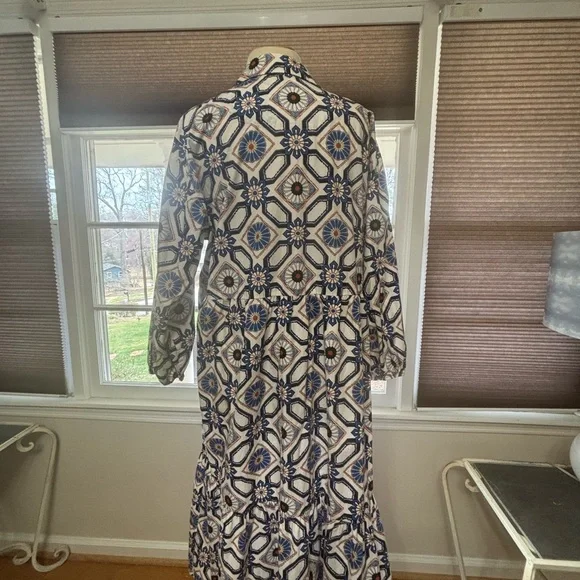 Anthropologie Geometric Blue and White Long Sleeve Dress - Picture 6 of 8